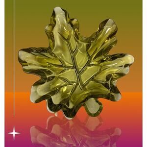 Vtg Heavy Art Glass MCM‎ Maple Leaf Design Amber Trinket Dish 8” x 9"